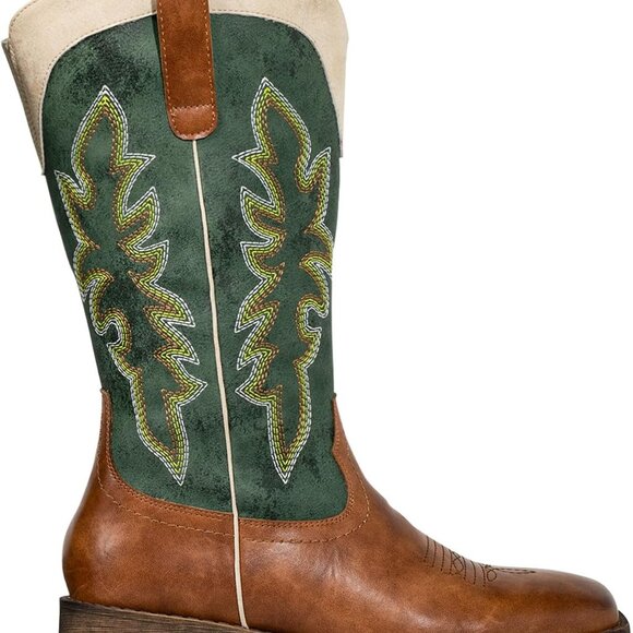 Women’s Faux Leather Cowboy Boots Wide Calf Square Toe Chunky Heel - Picture 6 of 9